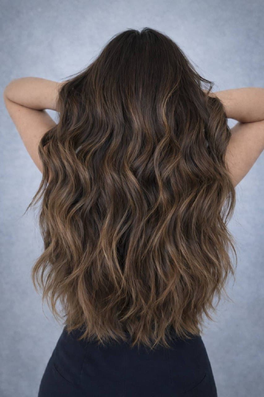 Long brunette balayage with caramel highlights